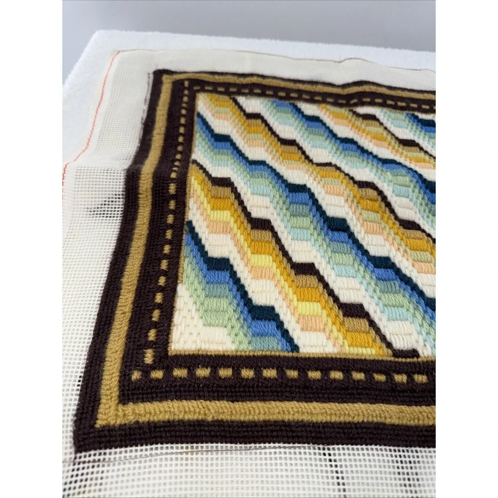 Vintage Needlepoint Unfinished Square Geometric Design Pillow or Framed Art